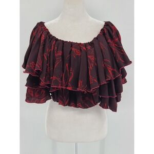 Latin Jazz Burgundy Red Ruffle Women Cropped Blouse Size Medium Floral Holiday